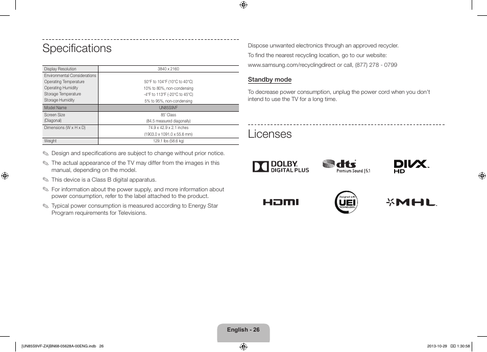 Specifications, Licenses | Samsung UN85S9VFXZA User Manual | Page 26 / 30