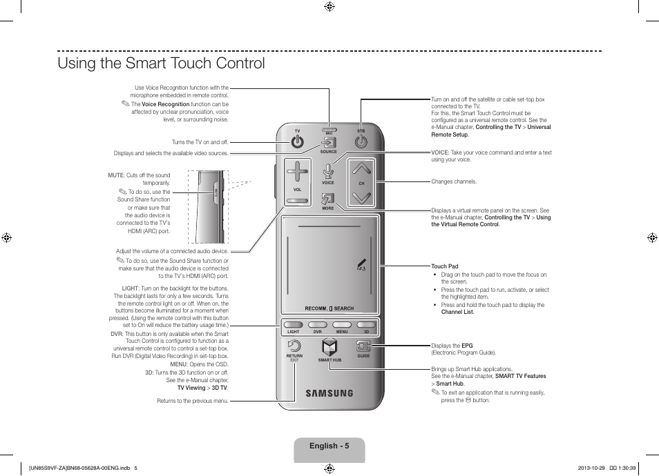 Using the smart touch control | Samsung UN85S9VFXZA User Manual | Page 5 / 30