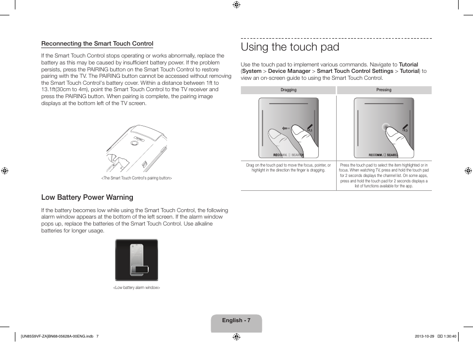 Using the touch pad, Low battery power warning | Samsung UN85S9VFXZA User Manual | Page 7 / 30