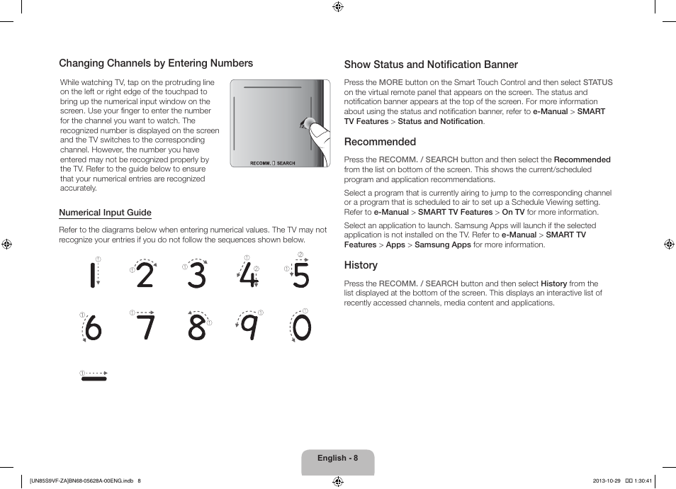 Changing channels by entering numbers, Show status and notification banner, Recommended | History | Samsung UN85S9VFXZA User Manual | Page 8 / 30