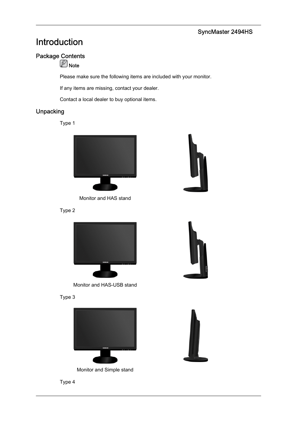 Introduction, Package contents, Unpacking | Samsung LS24KIQKFV-XAA User Manual | Page 10 / 96