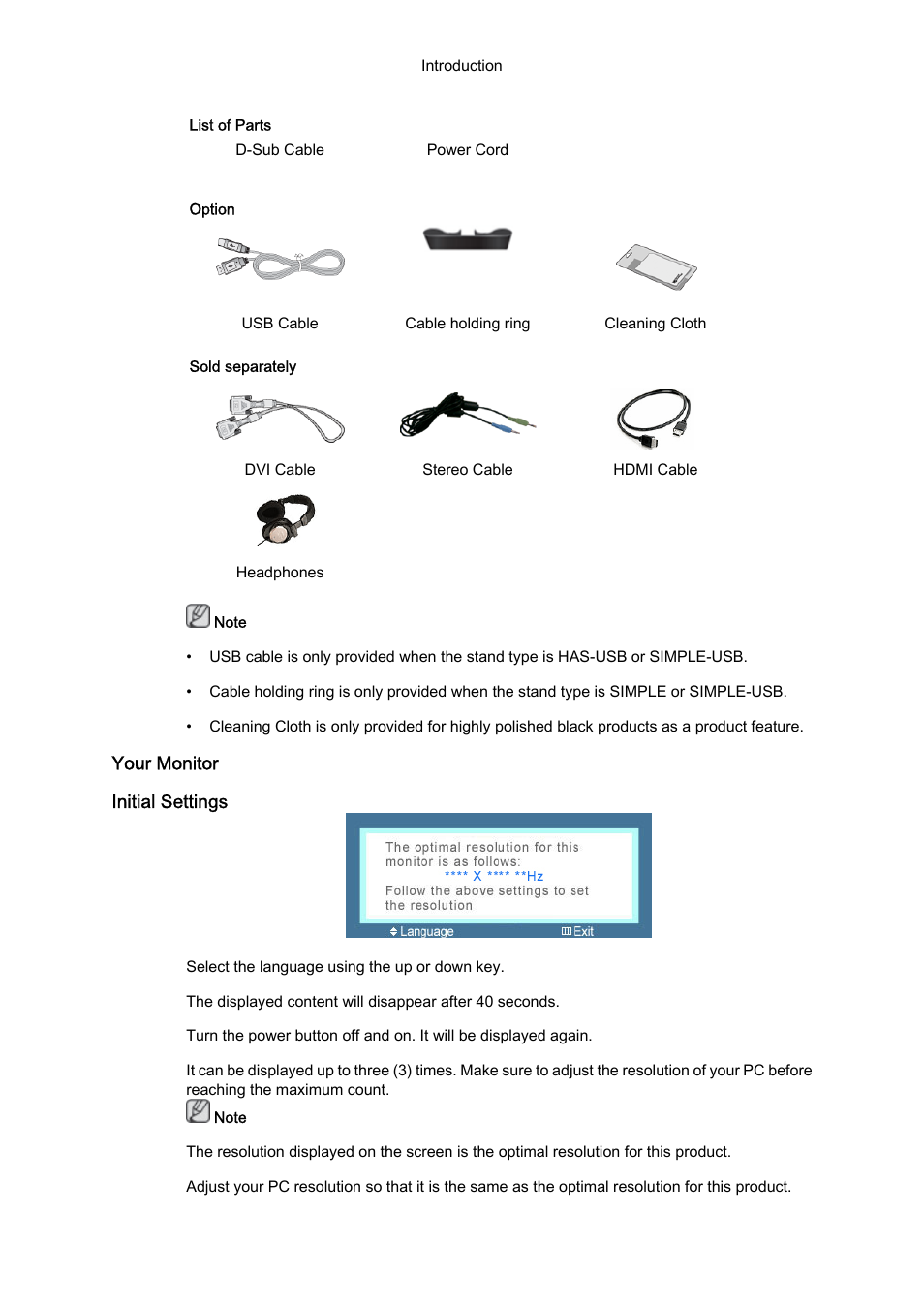 Your monitor, Initial settings | Samsung LS24KIQKFV-XAA User Manual | Page 18 / 96