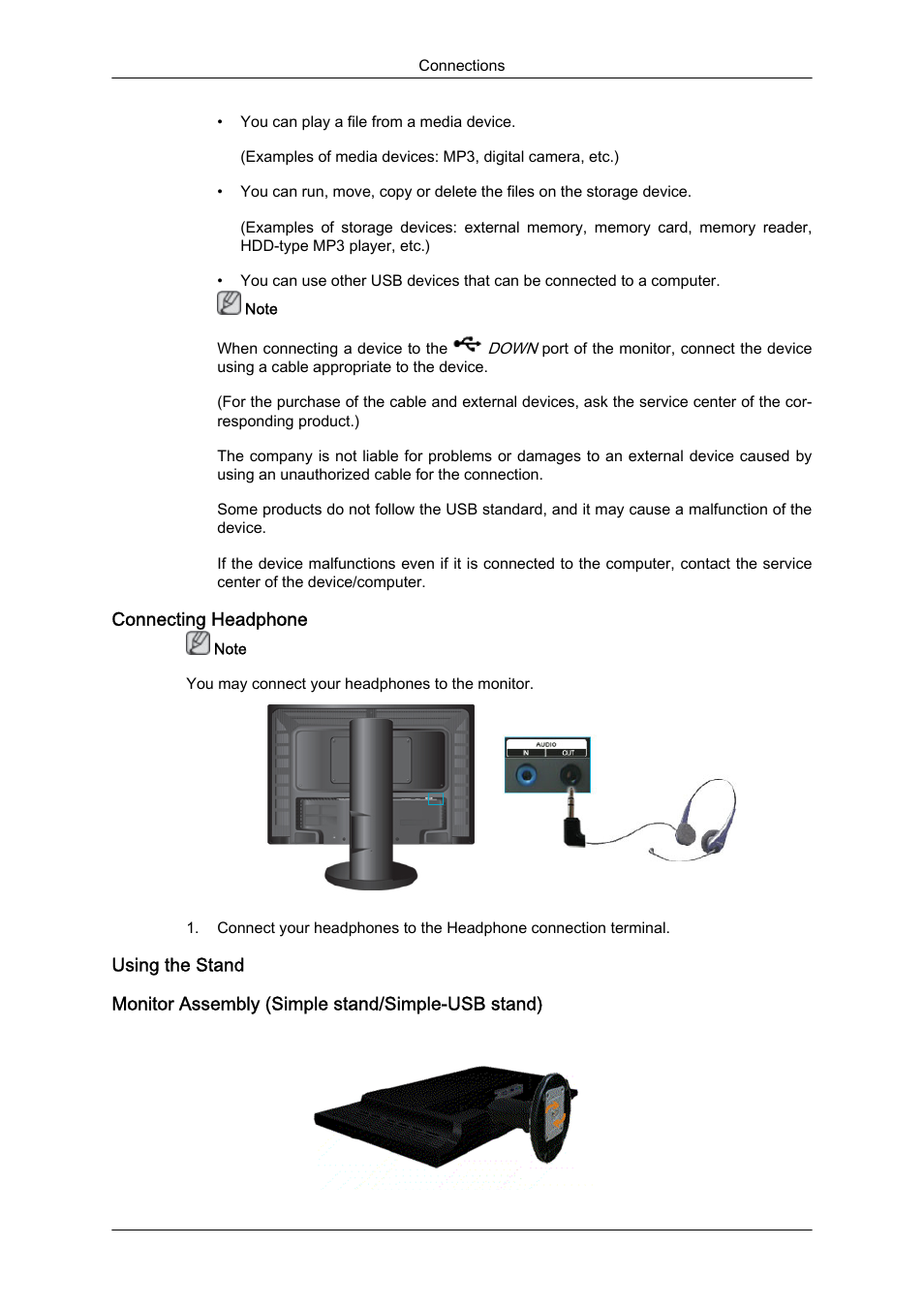 Connecting headphone, Using the stand, Monitor assembly (simple stand/simple-usb stand) | Samsung LS24KIQKFV-XAA User Manual | Page 27 / 96