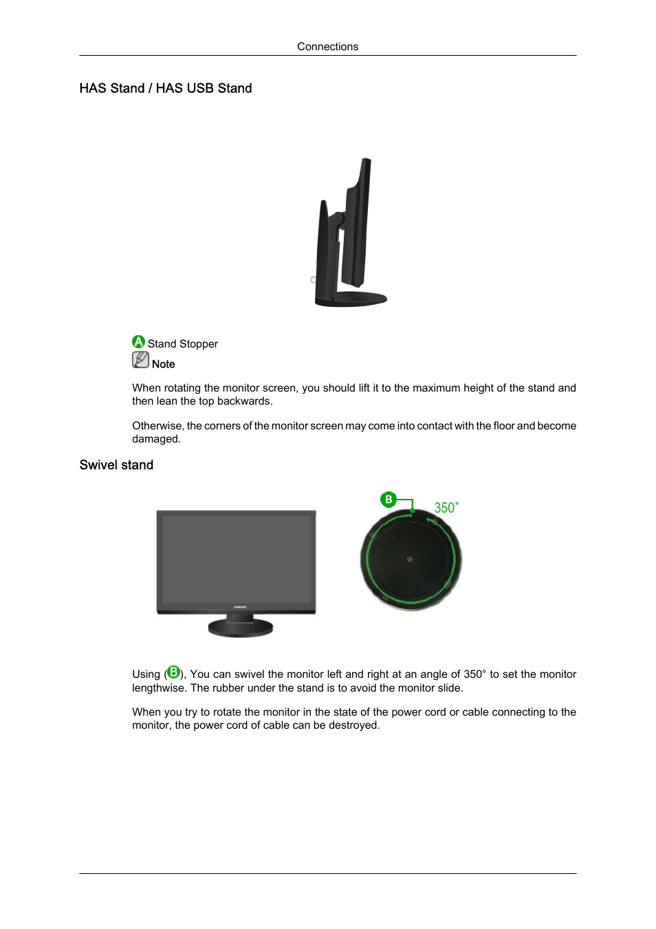 Has stand / has usb stand, Swivel stand | Samsung LS24KIQKFV-XAA User Manual | Page 28 / 96