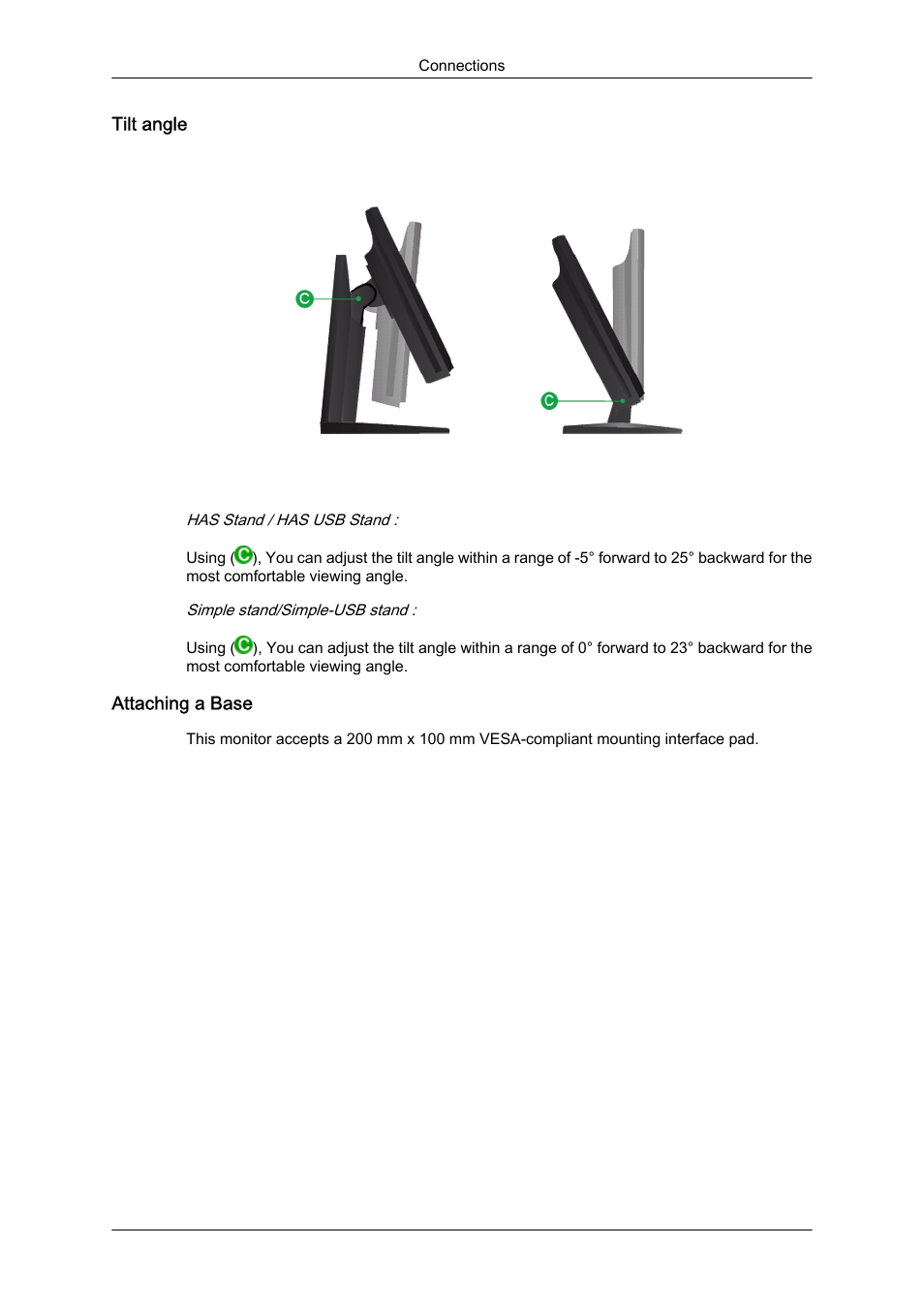 Tilt angle, Attaching a base | Samsung LS24KIQKFV-XAA User Manual | Page 29 / 96