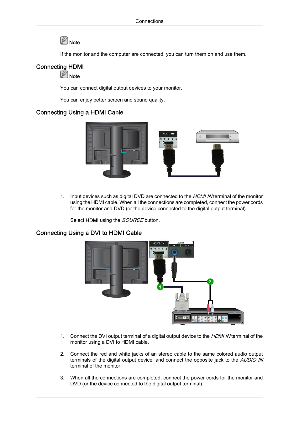 Connecting hdmi, Connecting using a hdmi cable, Connecting using a dvi to hdmi cable | Samsung LS24KIQKFV-XAA User Manual | Page 32 / 96