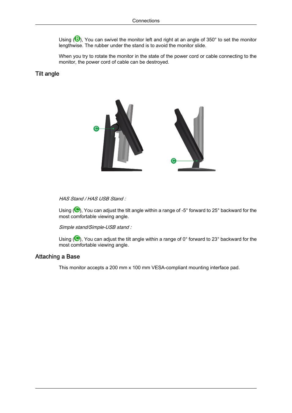 Tilt angle, Attaching a base | Samsung LS24KIQKFV-XAA User Manual | Page 36 / 96