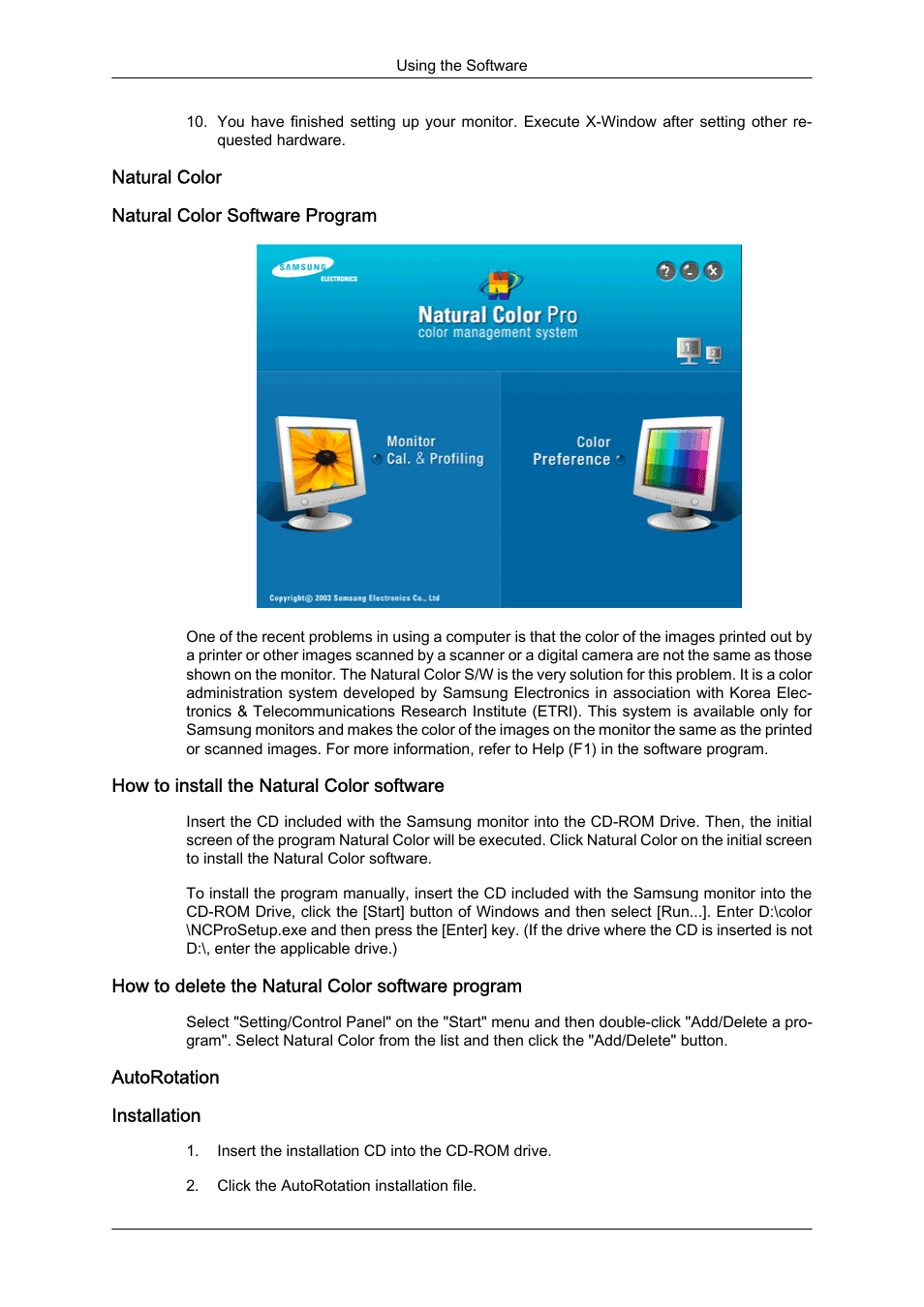 Natural color, Natural color software program, How to install the natural color software | How to delete the natural color software program, Autorotation, Installation | Samsung LS24KIQKFV-XAA User Manual | Page 47 / 96