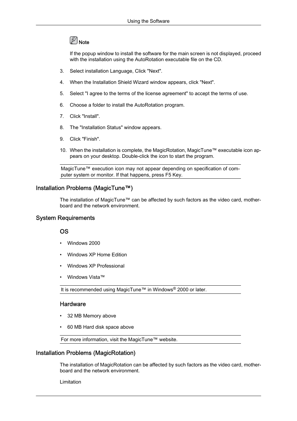 Installation problems (magictune™), System requirements, Installation problems (magicrotation) | Samsung LS24KIQKFV-XAA User Manual | Page 48 / 96