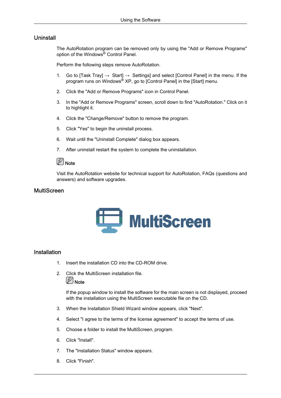 Uninstall, Multiscreen, Installation | Samsung LS24KIQKFV-XAA User Manual | Page 50 / 96