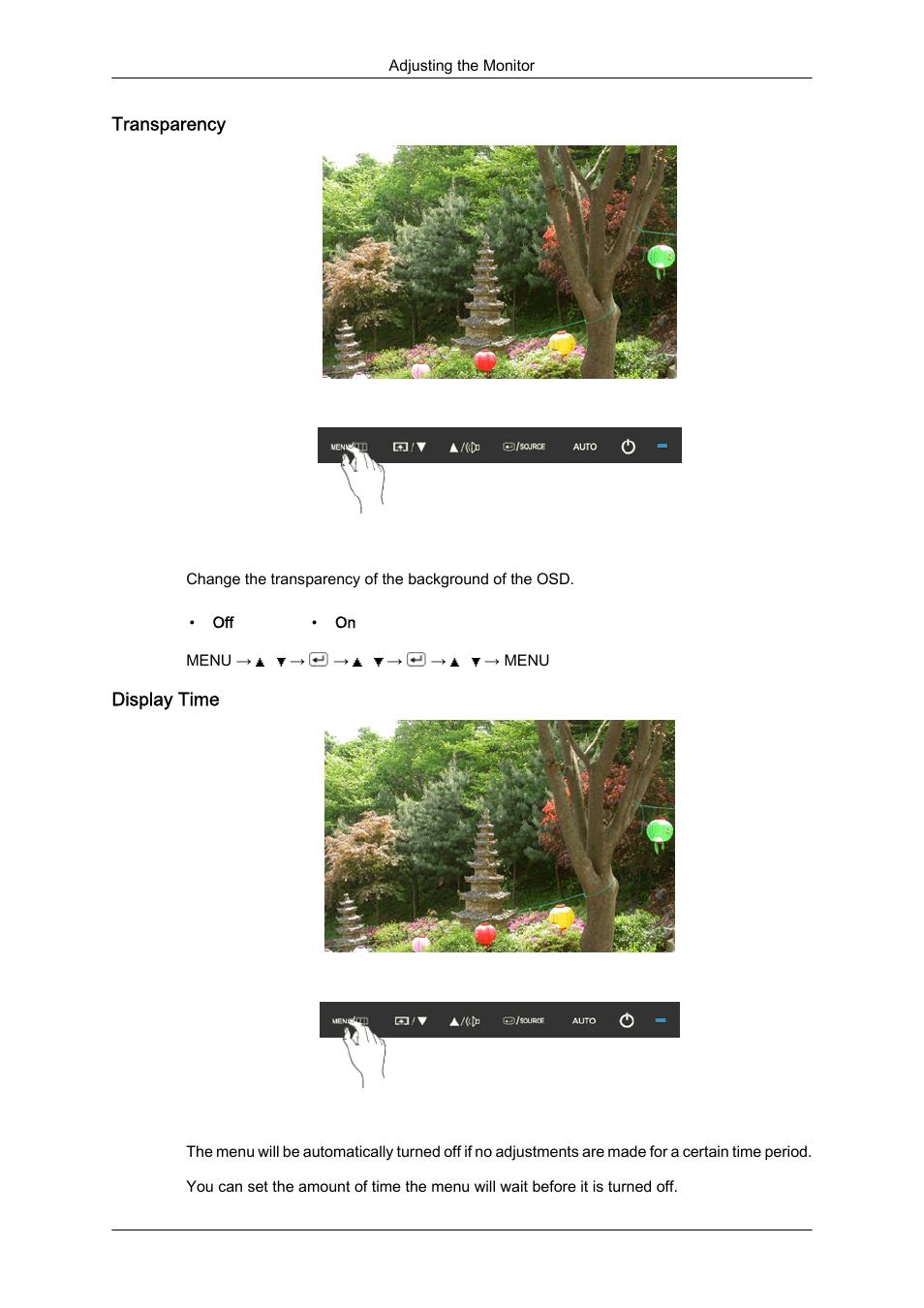 Transparency, Display time | Samsung LS24KIQKFV-XAA User Manual | Page 68 / 96