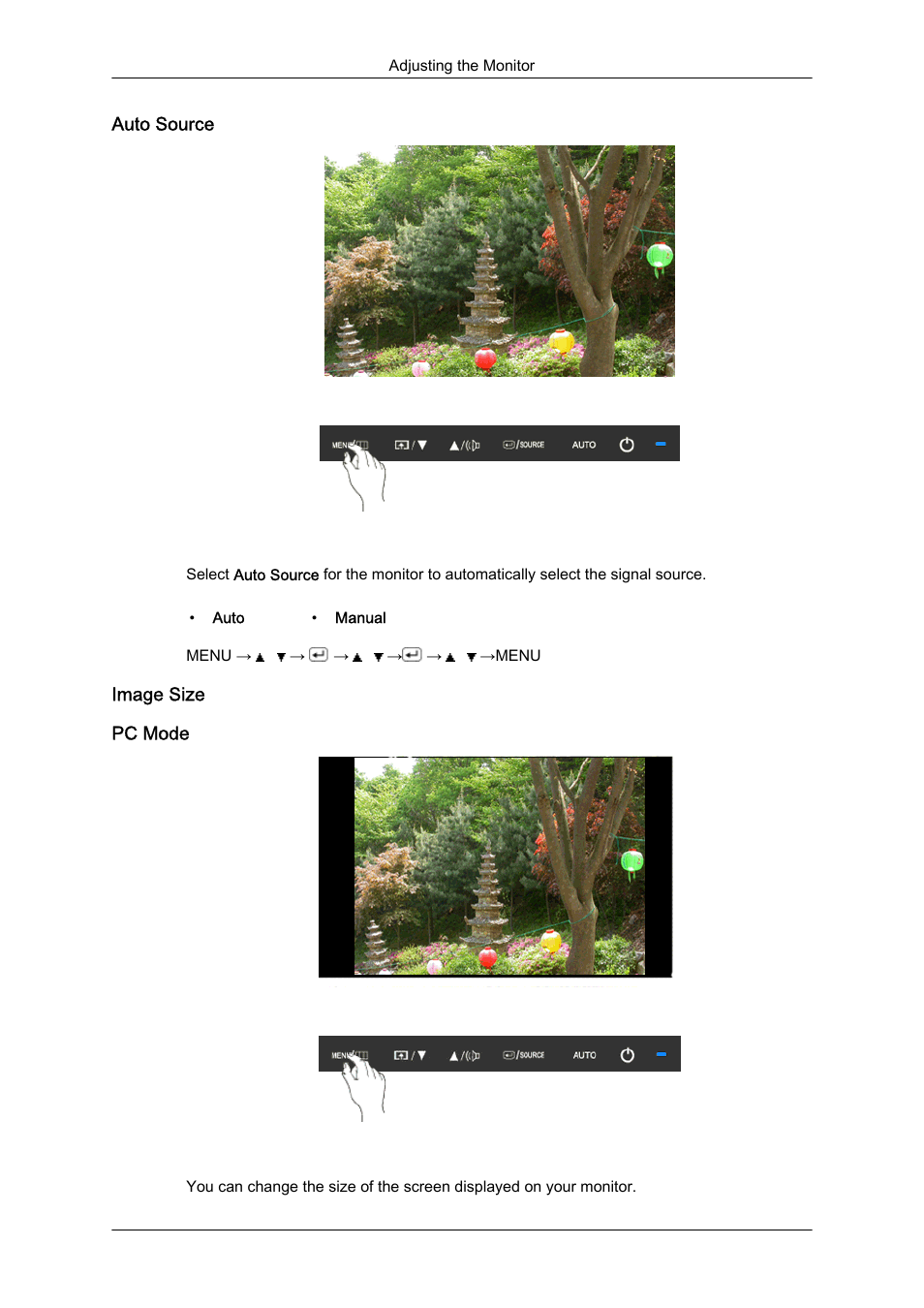 Auto source, Image size, Pc mode | Samsung LS24KIQKFV-XAA User Manual | Page 71 / 96