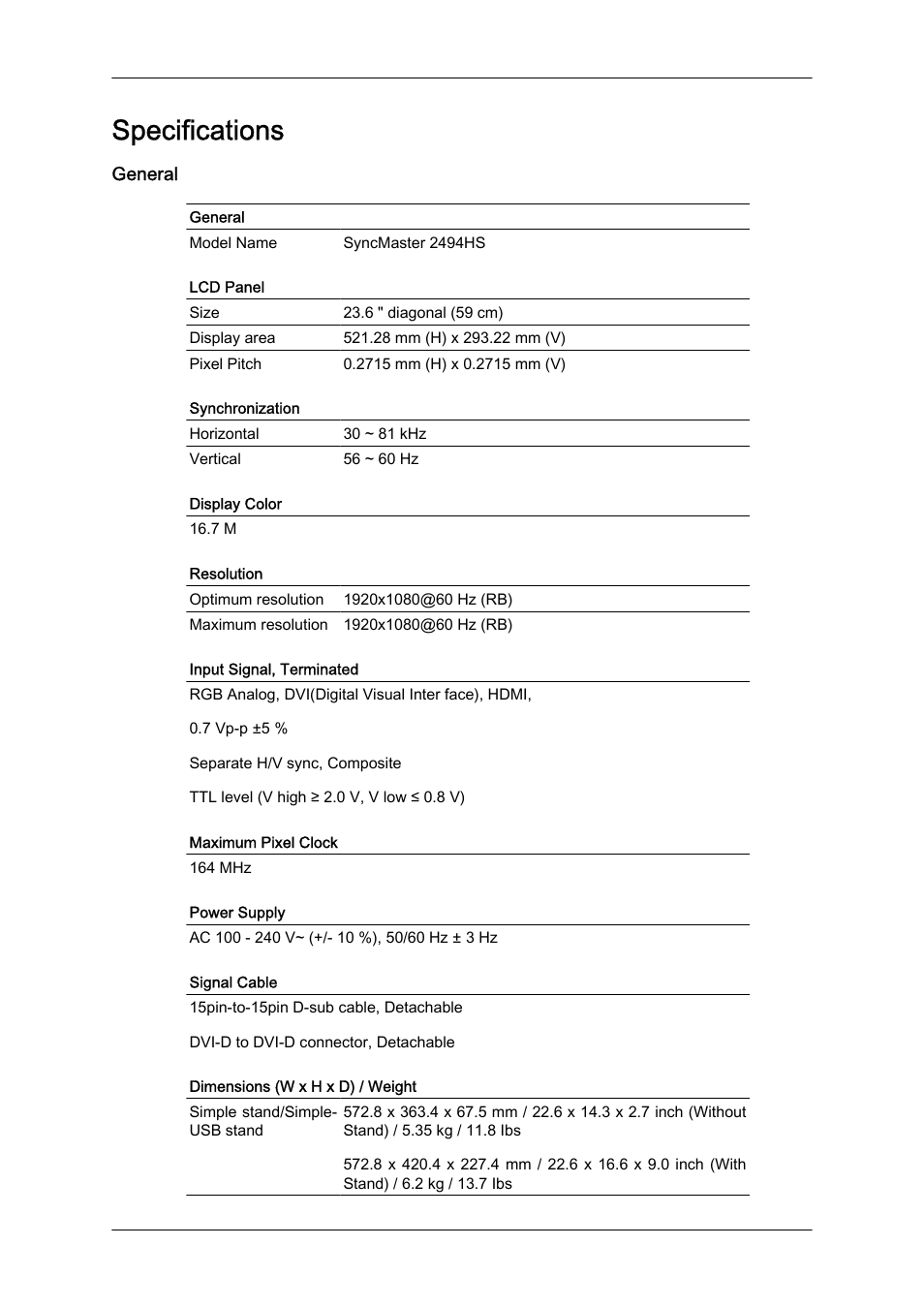 Specifications, General | Samsung LS24KIQKFV-XAA User Manual | Page 82 / 96