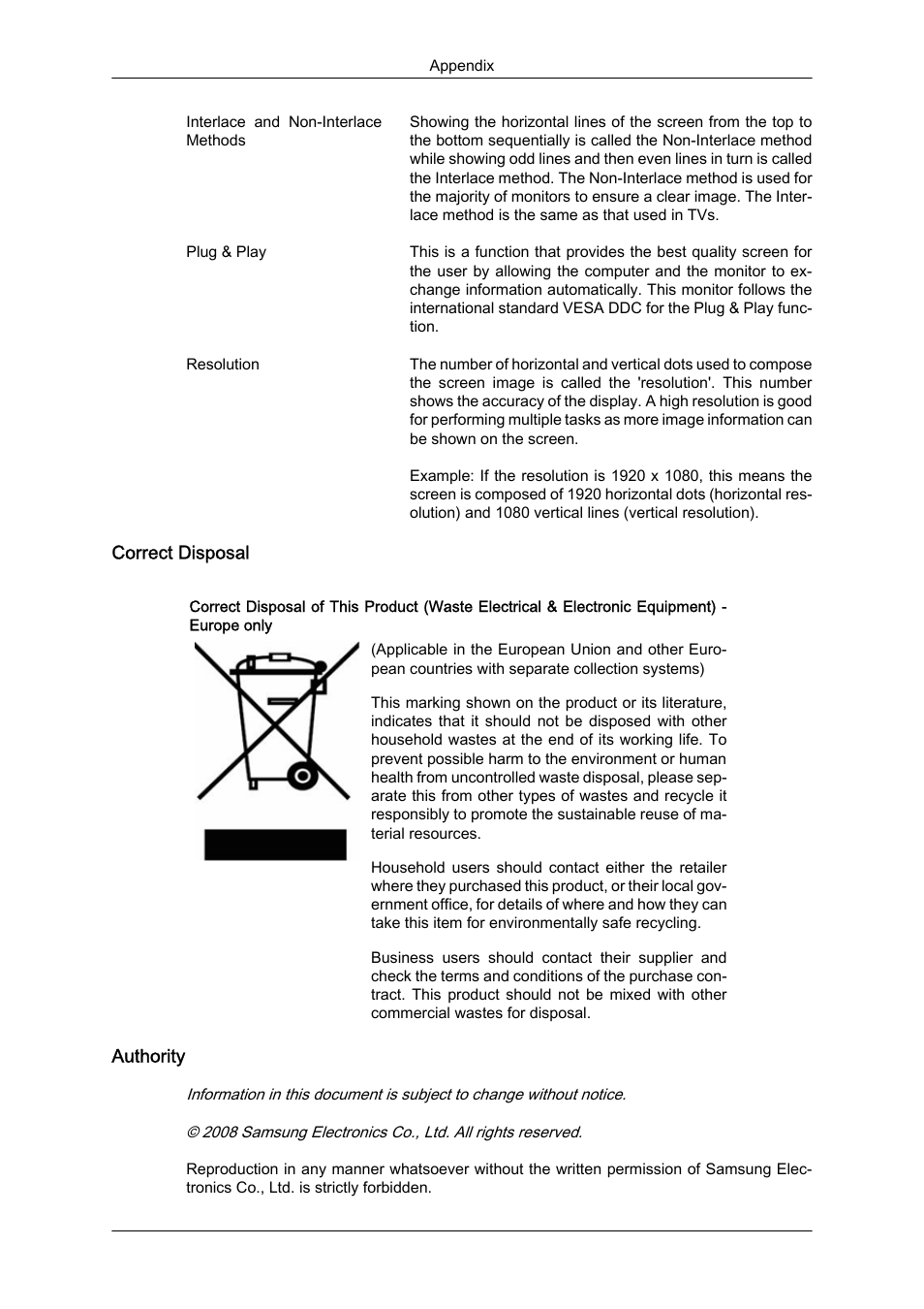 Correct disposal, Authority | Samsung LS24KIQKFV-XAA User Manual | Page 95 / 96