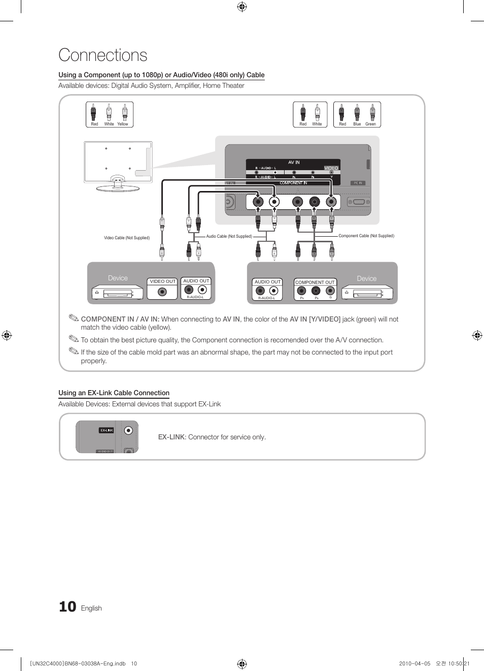 Connections, English, Device | Samsung UN32C4000PDXZA User Manual | Page 10 / 46