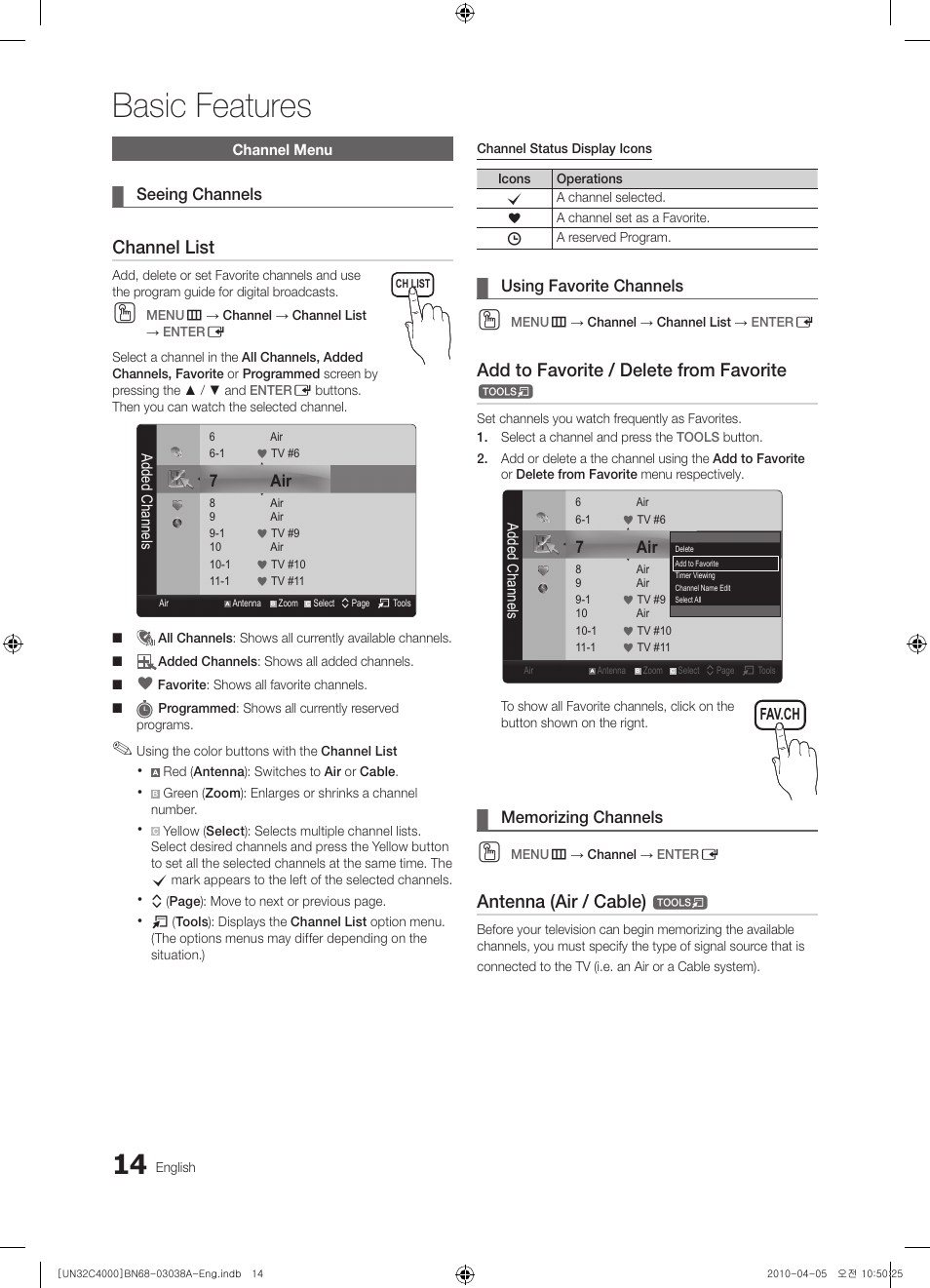 Basic features, Channel list, Add to favorite / delete from favorite | Antenna (air / cable) | Samsung UN32C4000PDXZA User Manual | Page 14 / 46