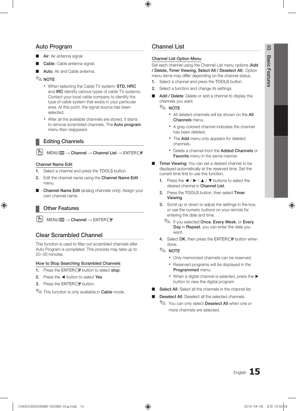 Auto program, Clear scrambled channel, Channel list | Samsung UN32C4000PDXZA User Manual | Page 15 / 46