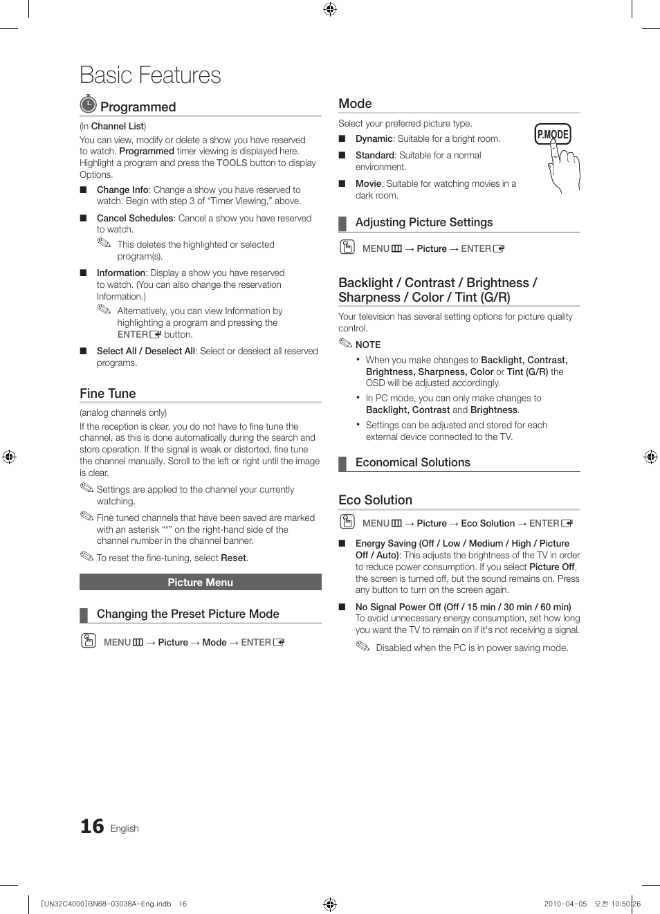 Basic features | Samsung UN32C4000PDXZA User Manual | Page 16 / 46