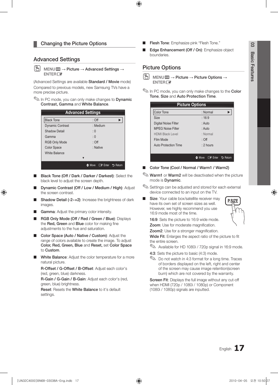 Advanced settings, Picture options | Samsung UN32C4000PDXZA User Manual | Page 17 / 46