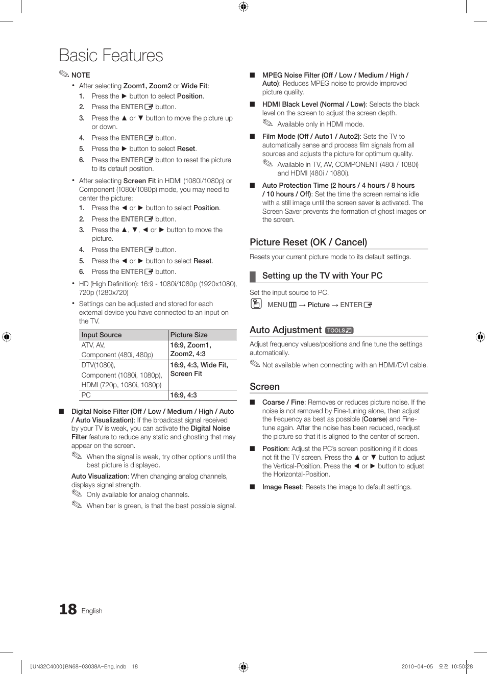 Basic features, Picture reset (ok / cancel), Auto adjustment | Screen | Samsung UN32C4000PDXZA User Manual | Page 18 / 46