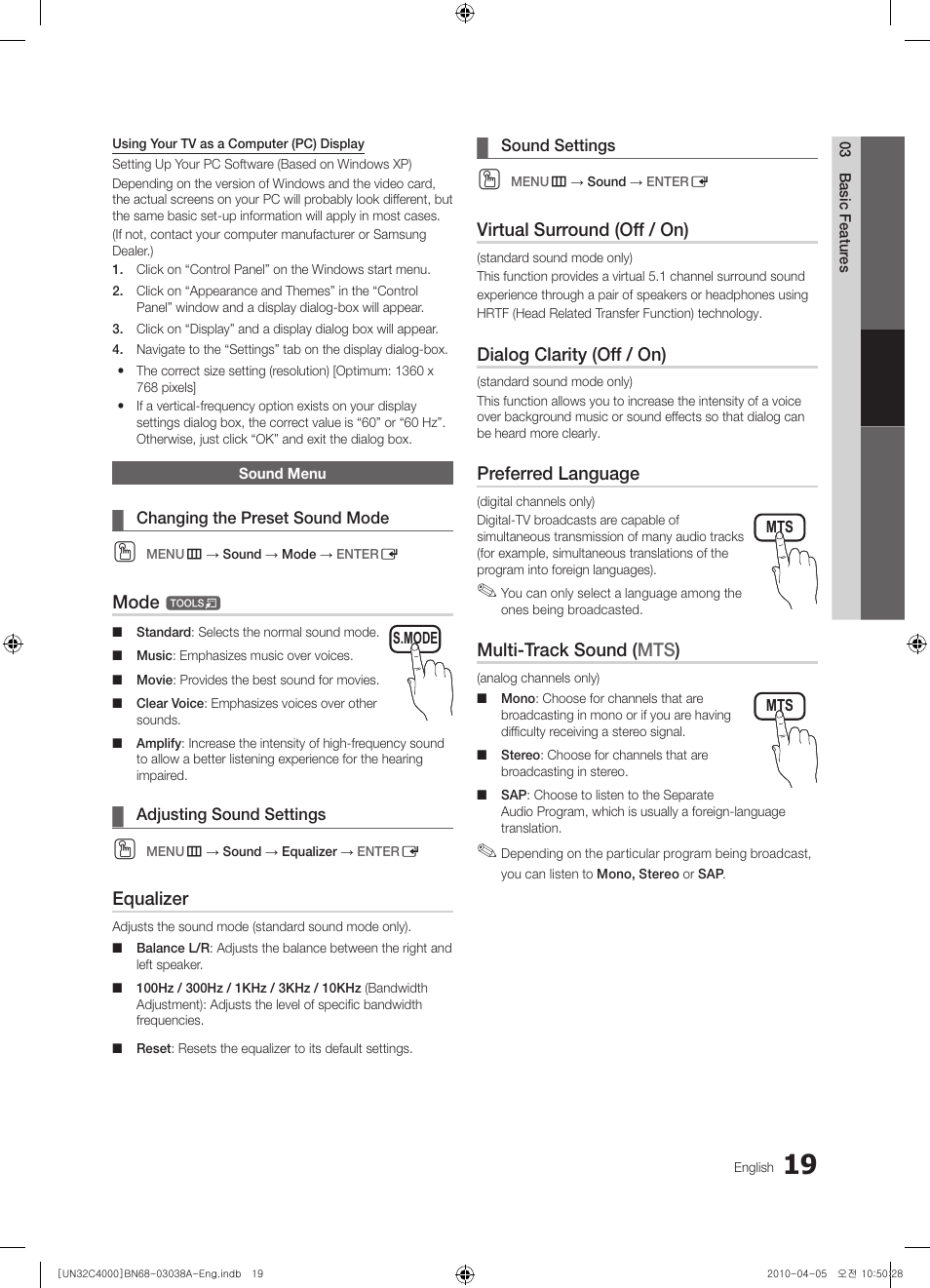 Mode, Equalizer, Virtual surround (off / on) | Dialog clarity (off / on), Preferred language, Multi-track sound ( mts ) | Samsung UN32C4000PDXZA User Manual | Page 19 / 46