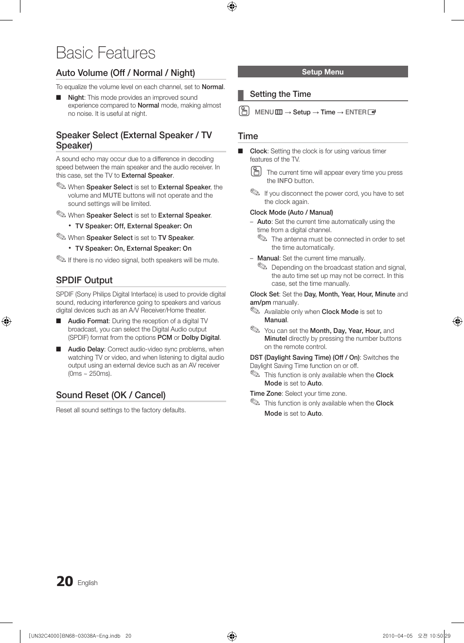 Basic features | Samsung UN32C4000PDXZA User Manual | Page 20 / 46