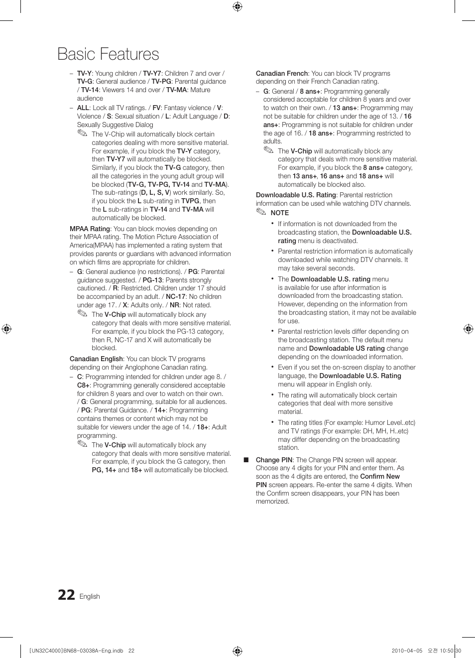 Basic features | Samsung UN32C4000PDXZA User Manual | Page 22 / 46