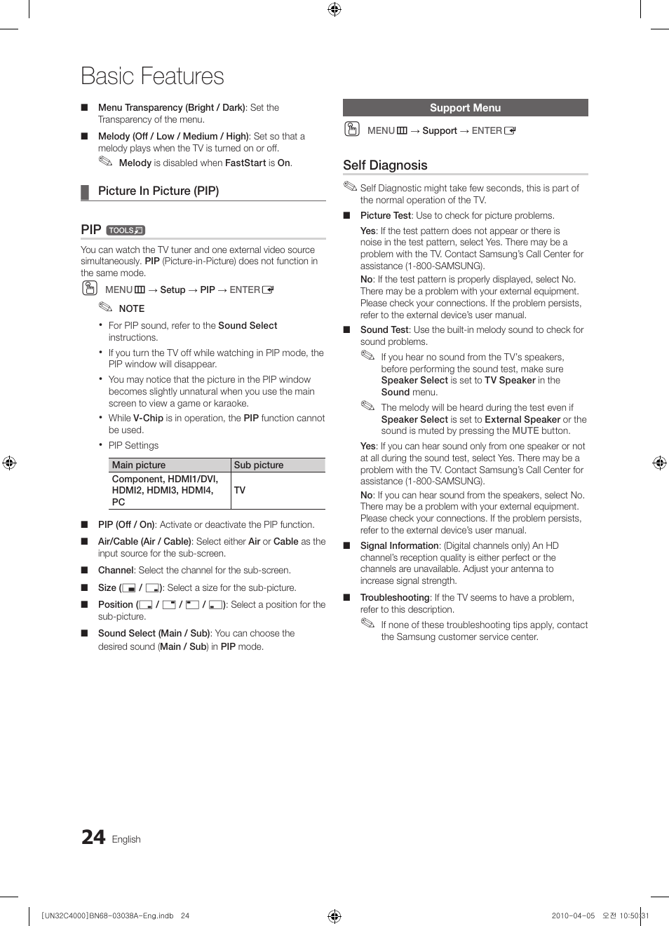 Basic features | Samsung UN32C4000PDXZA User Manual | Page 24 / 46