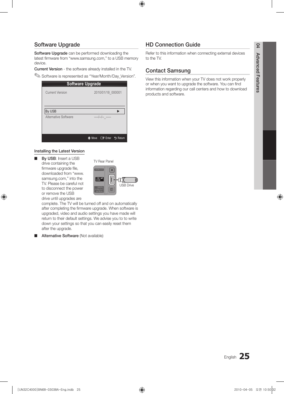 Software upgrade, Hd connection guide, Contact samsung | Samsung UN32C4000PDXZA User Manual | Page 25 / 46