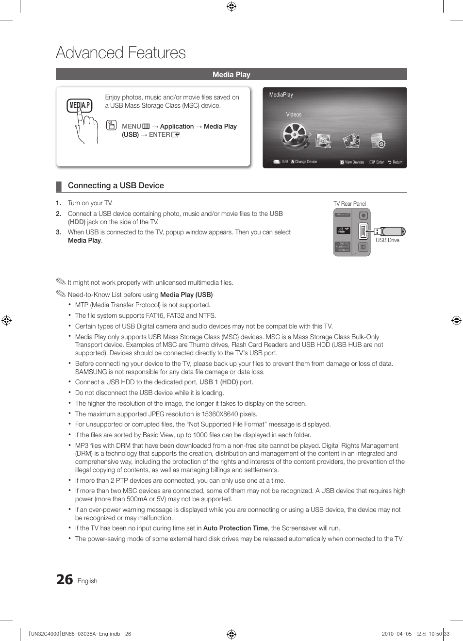 Advanced features | Samsung UN32C4000PDXZA User Manual | Page 26 / 46