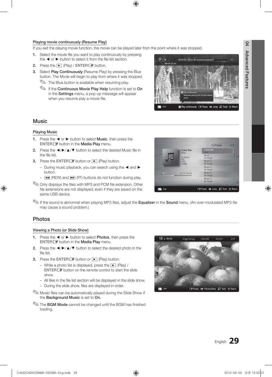 Music, Photos | Samsung UN32C4000PDXZA User Manual | Page 29 / 46