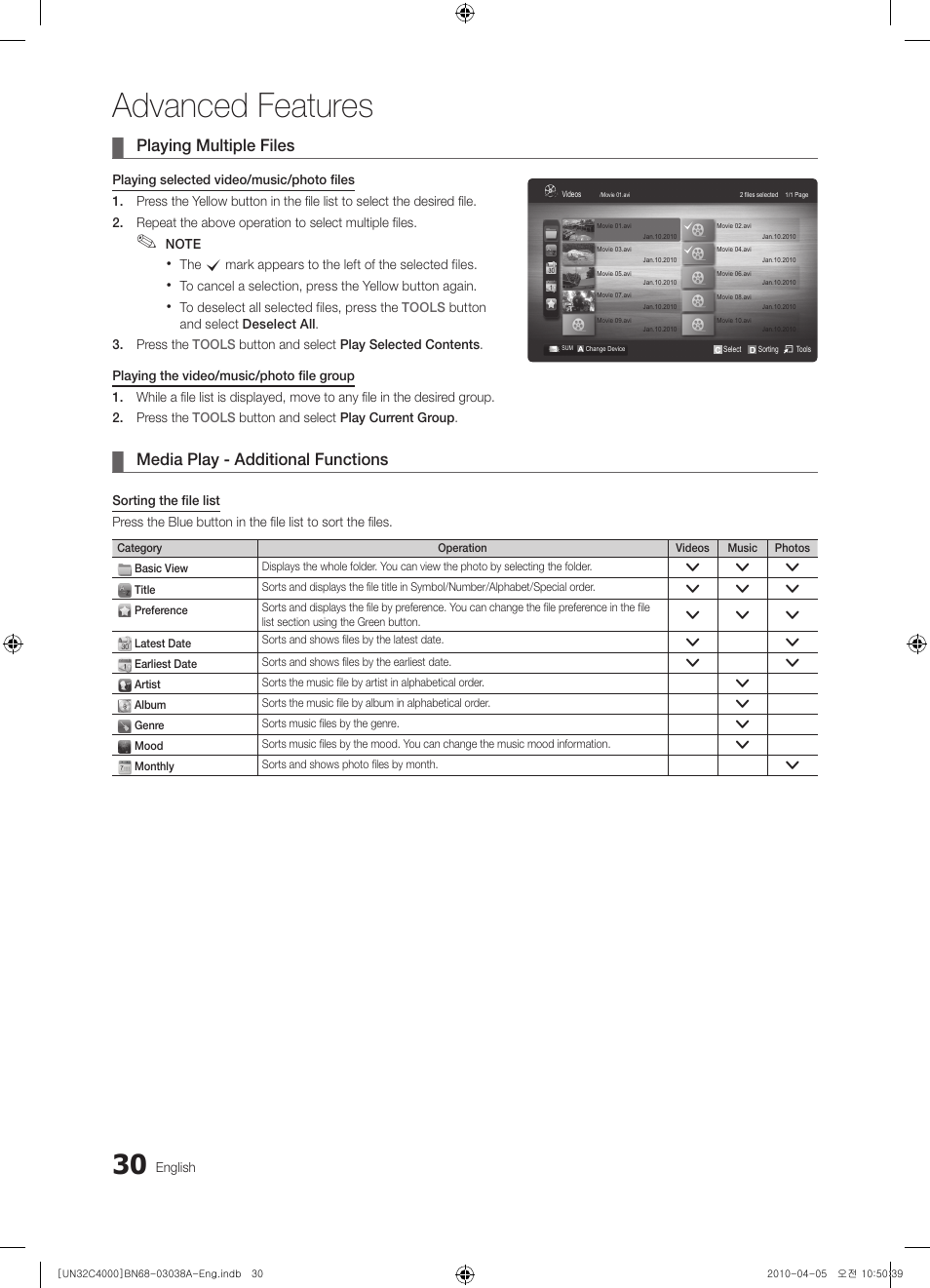 Advanced features, Playing multiple files, Media play - additional functions | Samsung UN32C4000PDXZA User Manual | Page 30 / 46