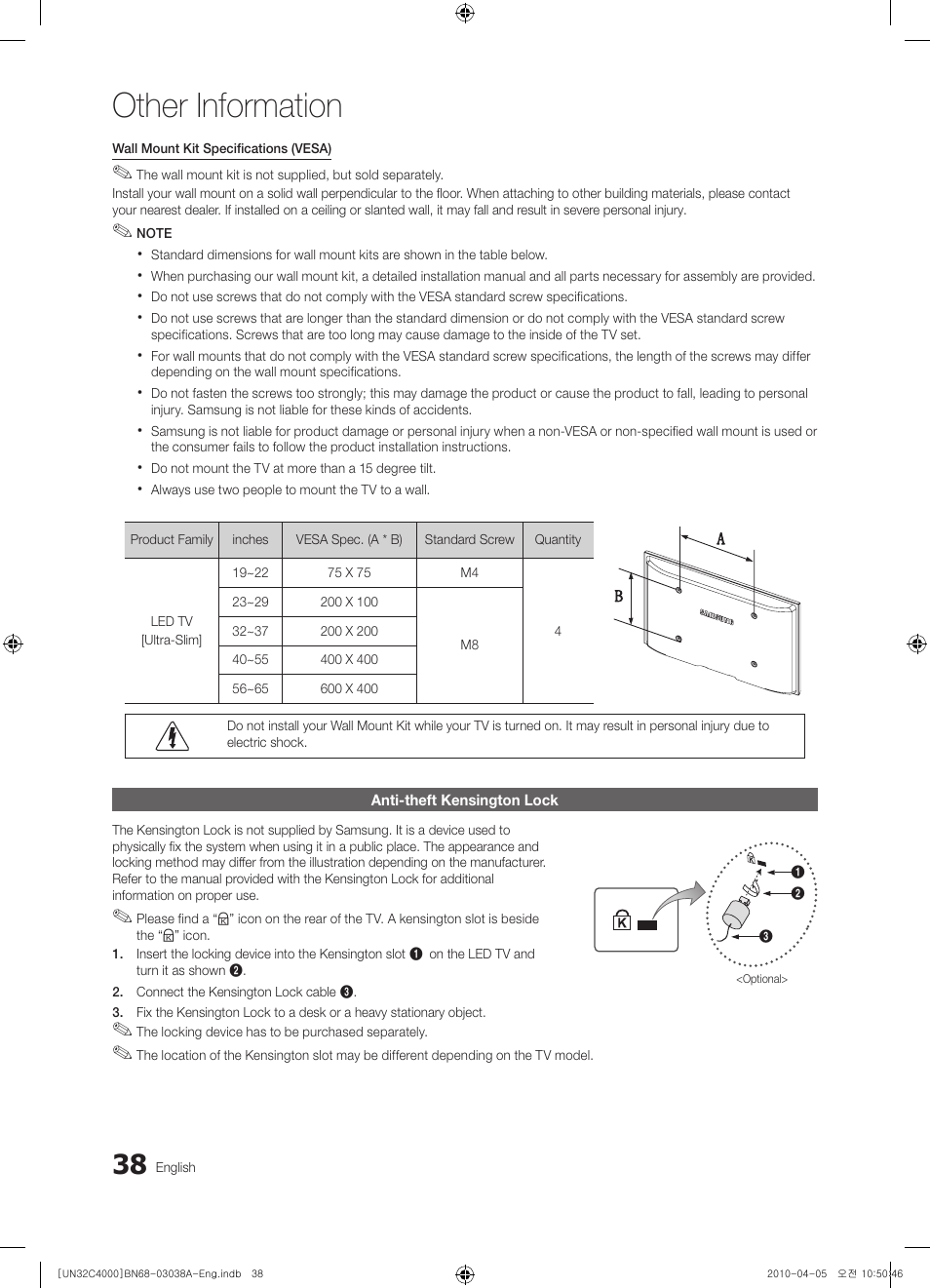 Other information | Samsung UN32C4000PDXZA User Manual | Page 38 / 46