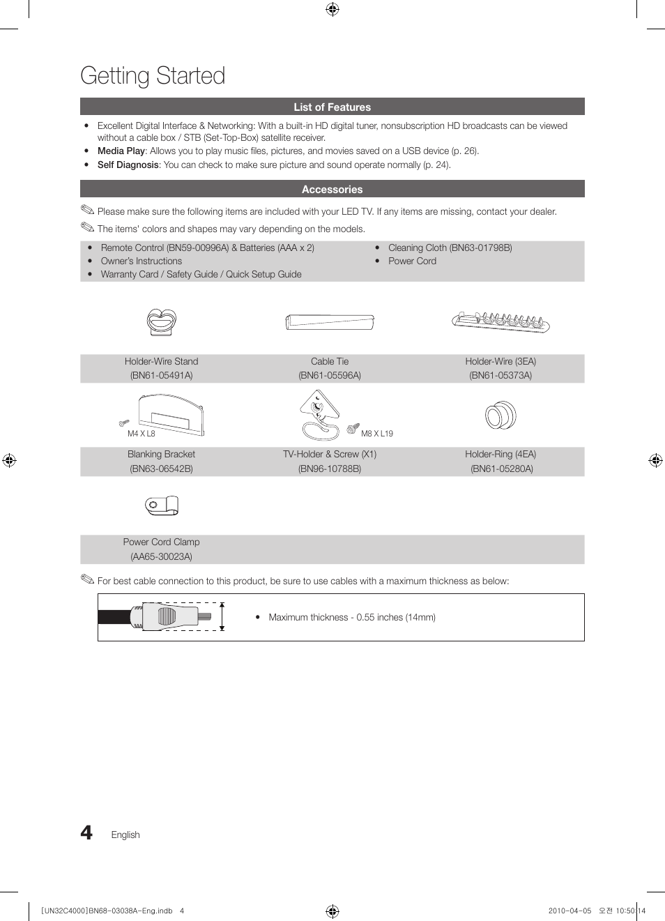 Getting started | Samsung UN32C4000PDXZA User Manual | Page 4 / 46