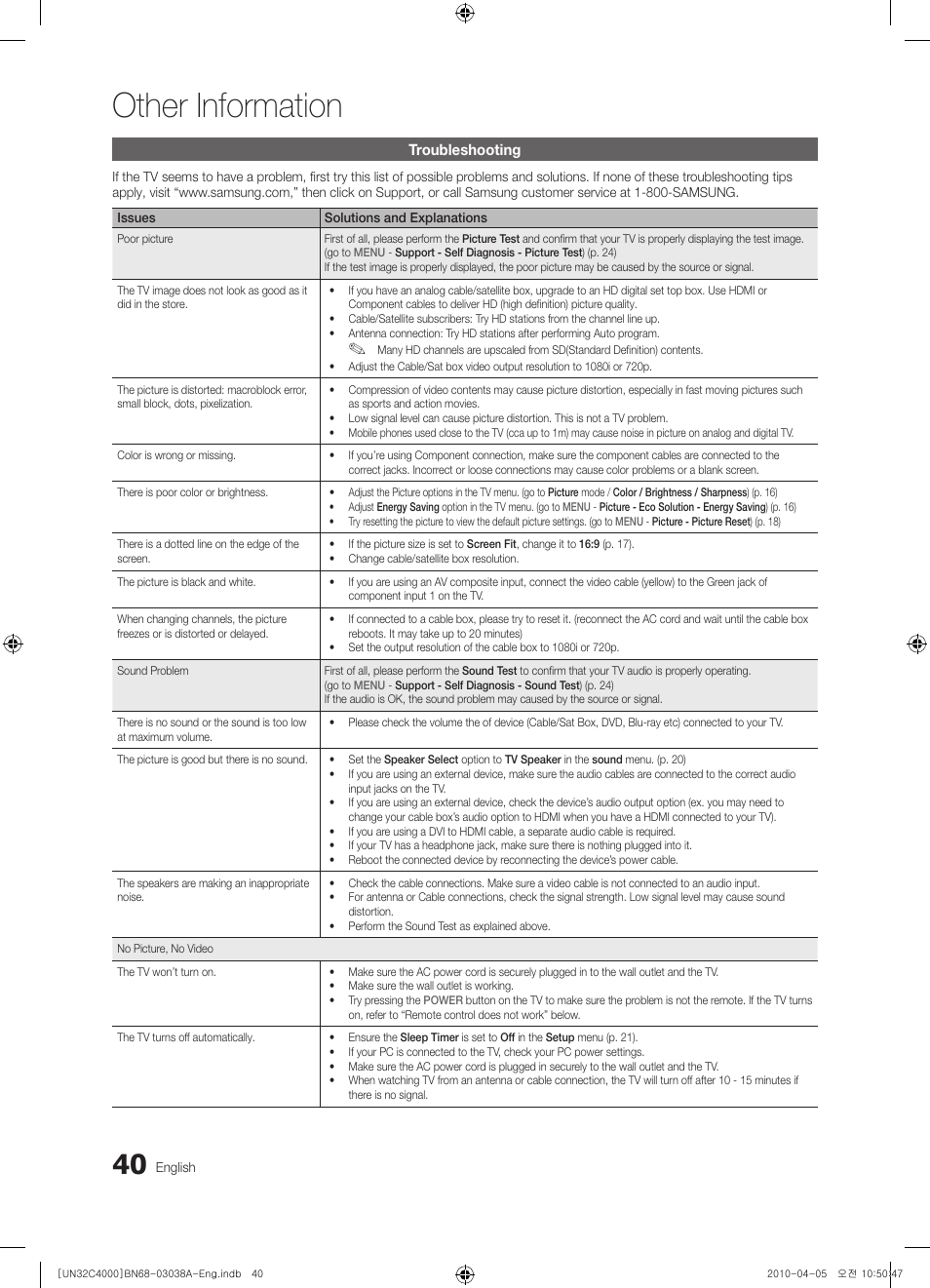 Other information | Samsung UN32C4000PDXZA User Manual | Page 40 / 46