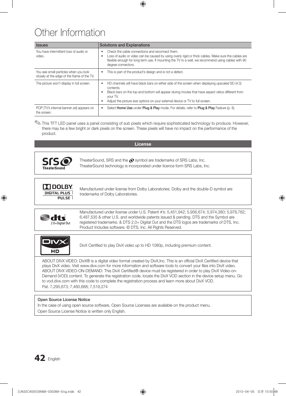 Other information | Samsung UN32C4000PDXZA User Manual | Page 42 / 46