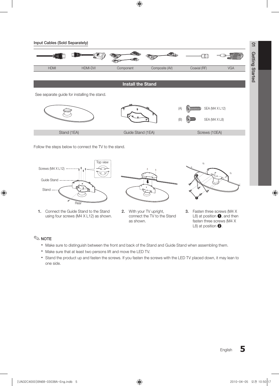 01 getting started, Install the stand | Samsung UN32C4000PDXZA User Manual | Page 5 / 46