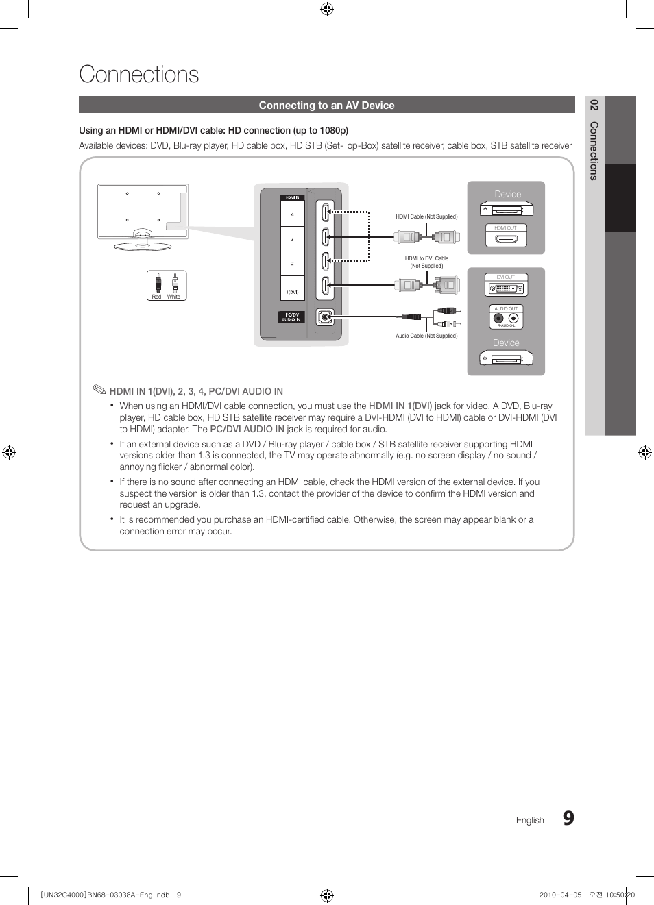 Connections | Samsung UN32C4000PDXZA User Manual | Page 9 / 46