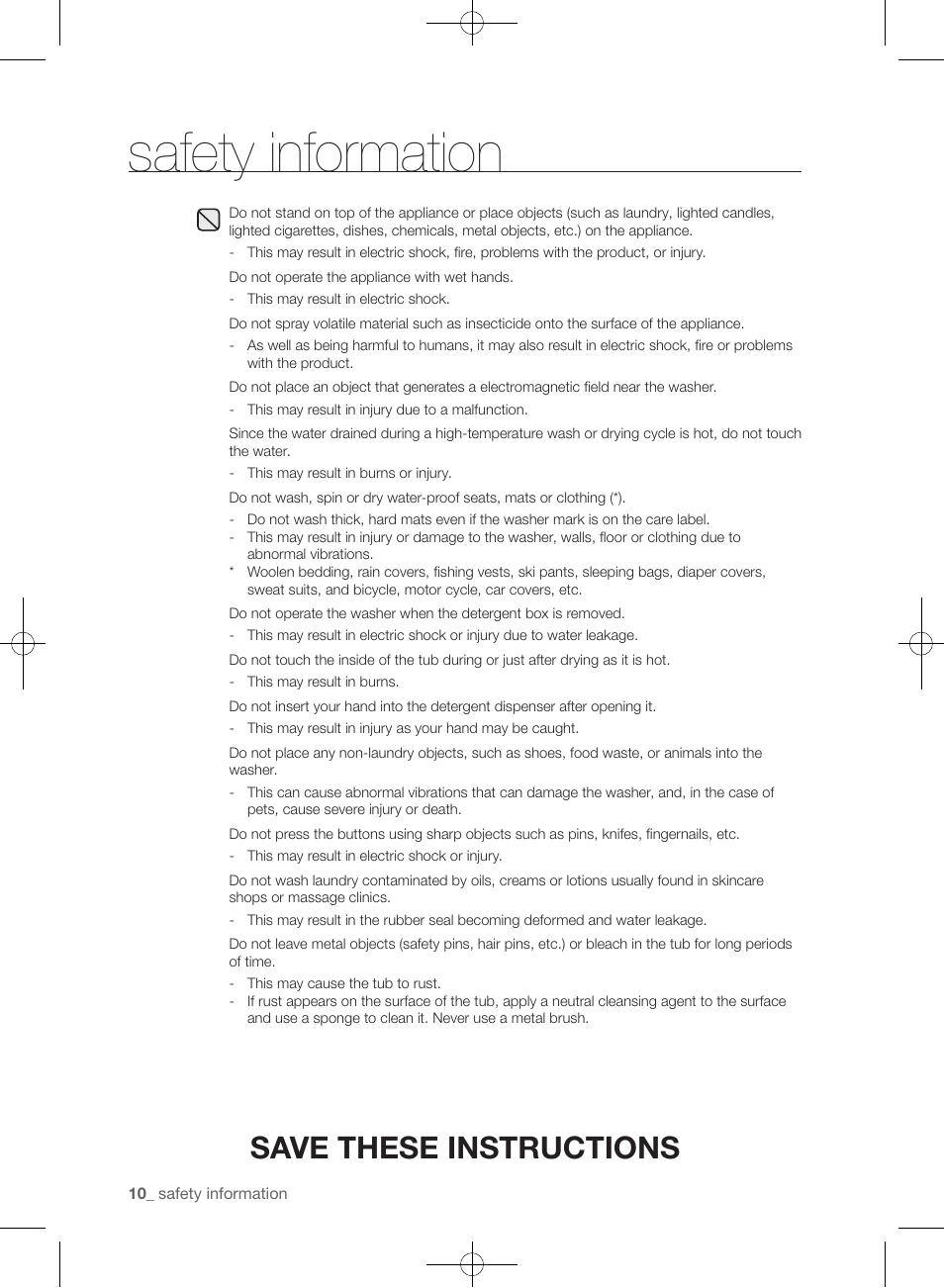 Safety information, Save these instructions | Samsung WF455ARGSGR-AA User Manual | Page 10 / 276