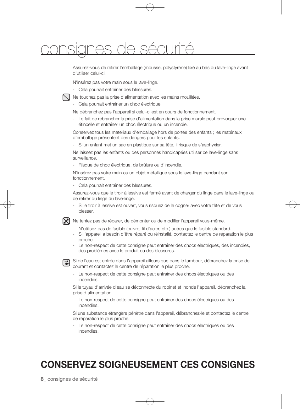 Consignes de sécurité, Conservez soigneusement ces consignes | Samsung WF455ARGSGR-AA User Manual | Page 100 / 276