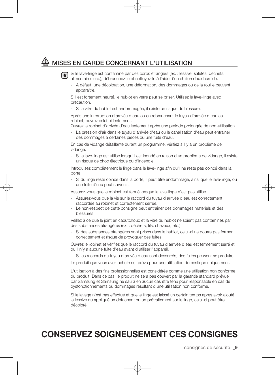 Conservez soigneusement ces consignes, Mises en garde concernant l'utilisation | Samsung WF455ARGSGR-AA User Manual | Page 101 / 276