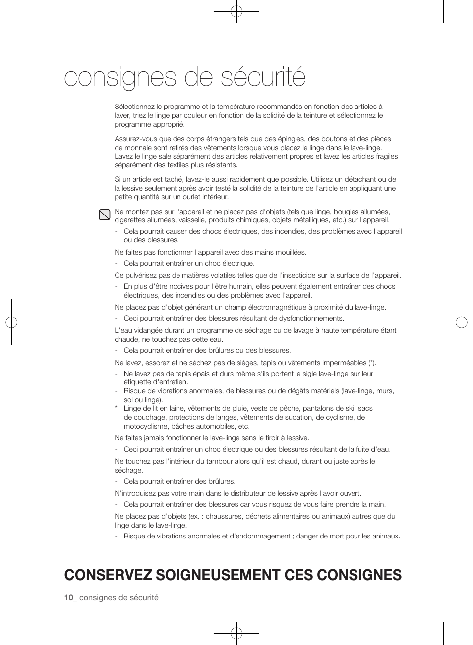 Consignes de sécurité, Conservez soigneusement ces consignes | Samsung WF455ARGSGR-AA User Manual | Page 102 / 276