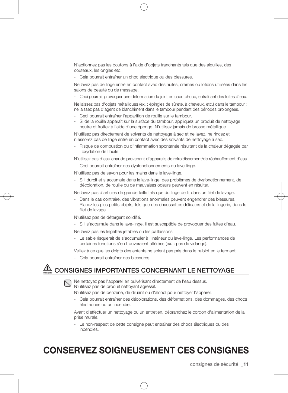 Conservez soigneusement ces consignes, Consignes importantes concernant le nettoyage | Samsung WF455ARGSGR-AA User Manual | Page 103 / 276