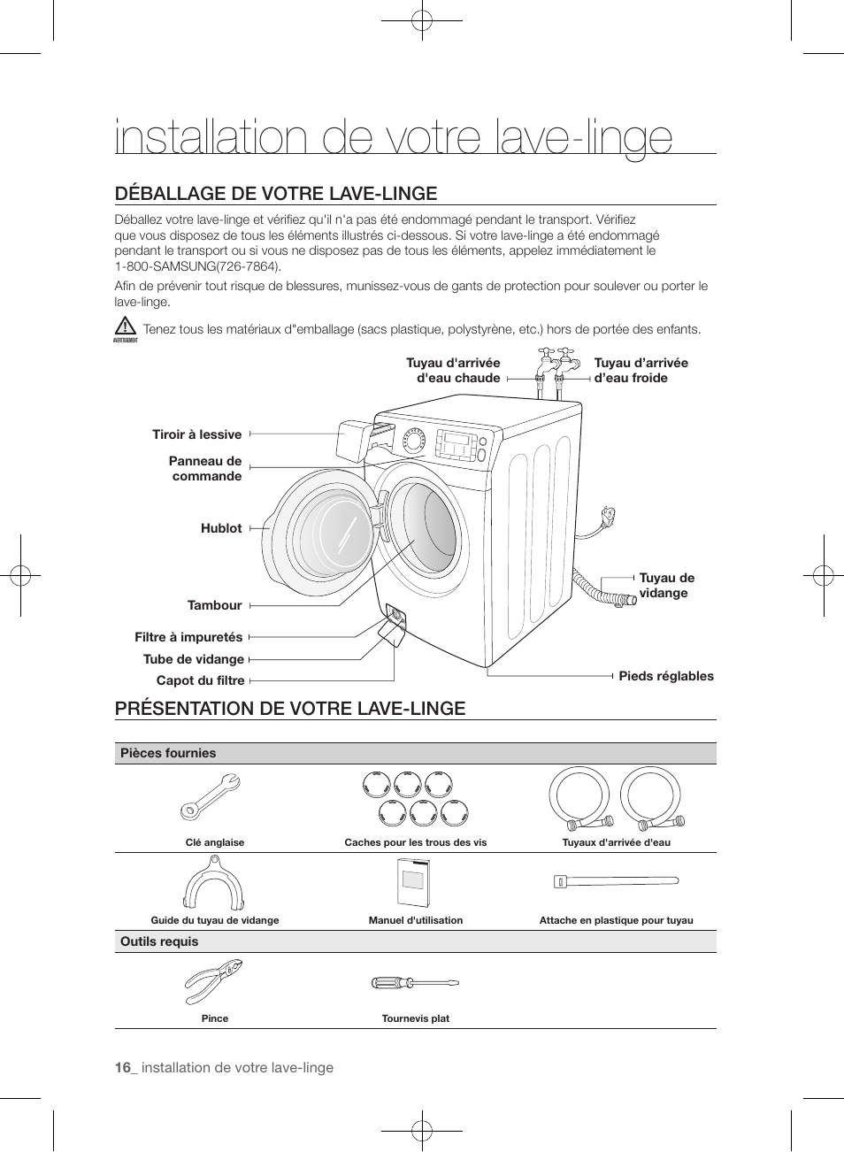 Installation de votre lave-linge, Déballage de votre lave-linge, Présentation de votre lave-linge | Samsung WF455ARGSGR-AA User Manual | Page 108 / 276