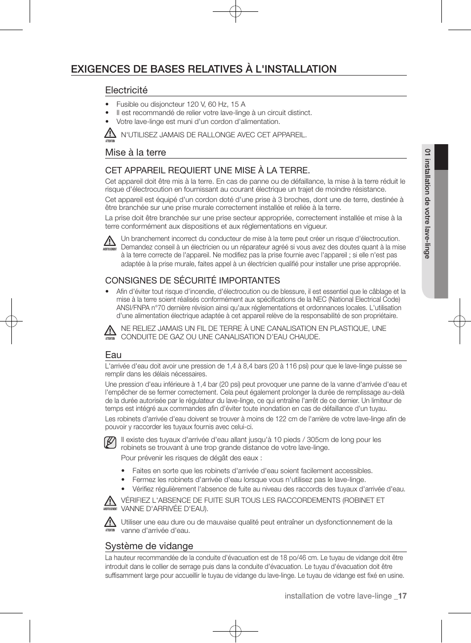 Exigences de bases relatives à l'installation, Electricité, Mise à la terre | Système de vidange | Samsung WF455ARGSGR-AA User Manual | Page 109 / 276