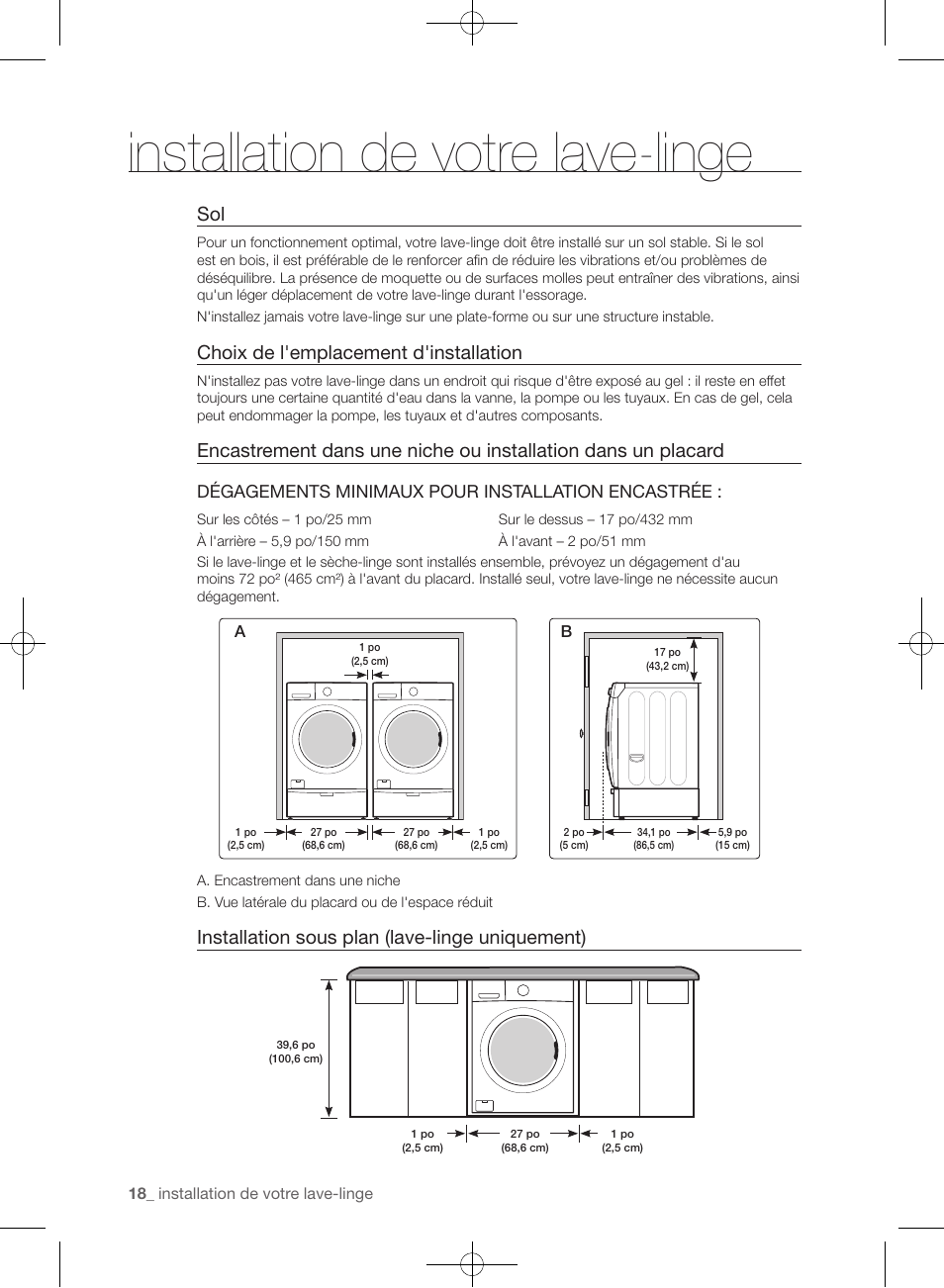 Installation de votre lave-linge, Choix de l'emplacement d'installation, Installation sous plan (lave-linge uniquement) | Samsung WF455ARGSGR-AA User Manual | Page 110 / 276