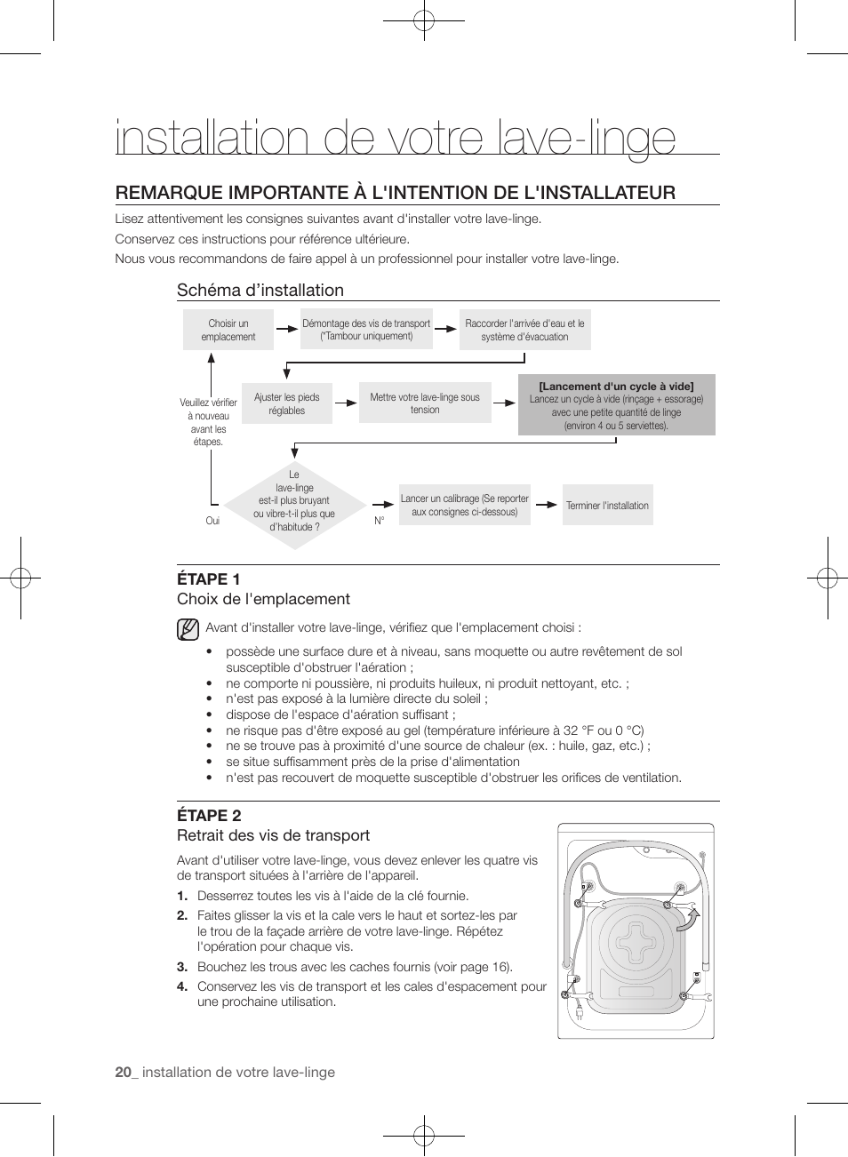 Installation de votre lave-linge, Schéma d’installation | Samsung WF455ARGSGR-AA User Manual | Page 112 / 276
