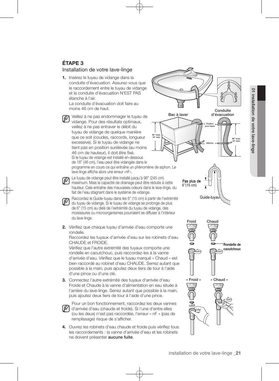 Étape 3 installation de votre lave-linge, Installation de votre lave-linge | Samsung WF455ARGSGR-AA User Manual | Page 113 / 276