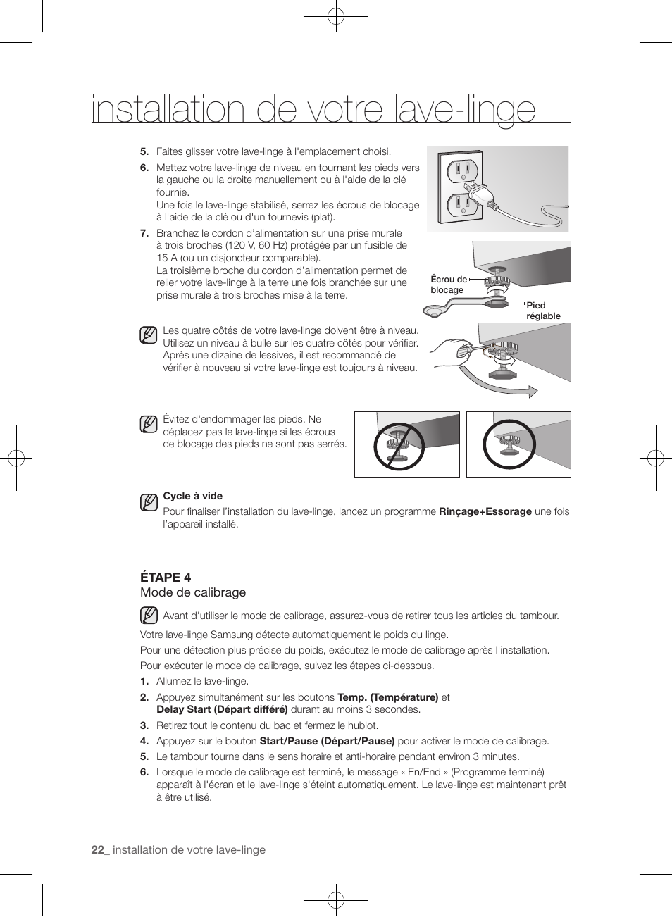 Installation de votre lave-linge | Samsung WF455ARGSGR-AA User Manual | Page 114 / 276