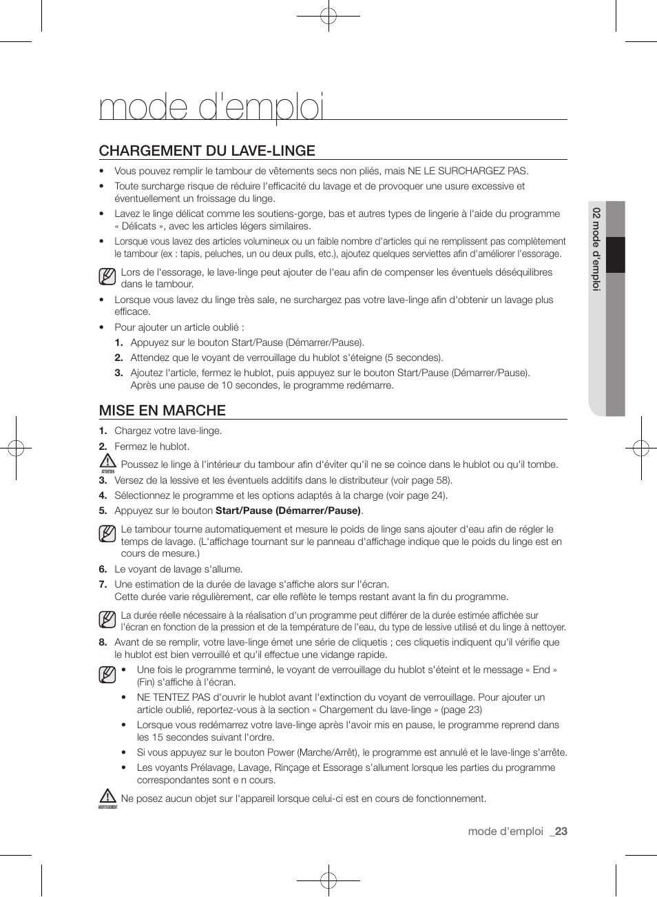 Mode d'emploi, Chargement du lave-linge, Mise en marche | Samsung WF455ARGSGR-AA User Manual | Page 115 / 276